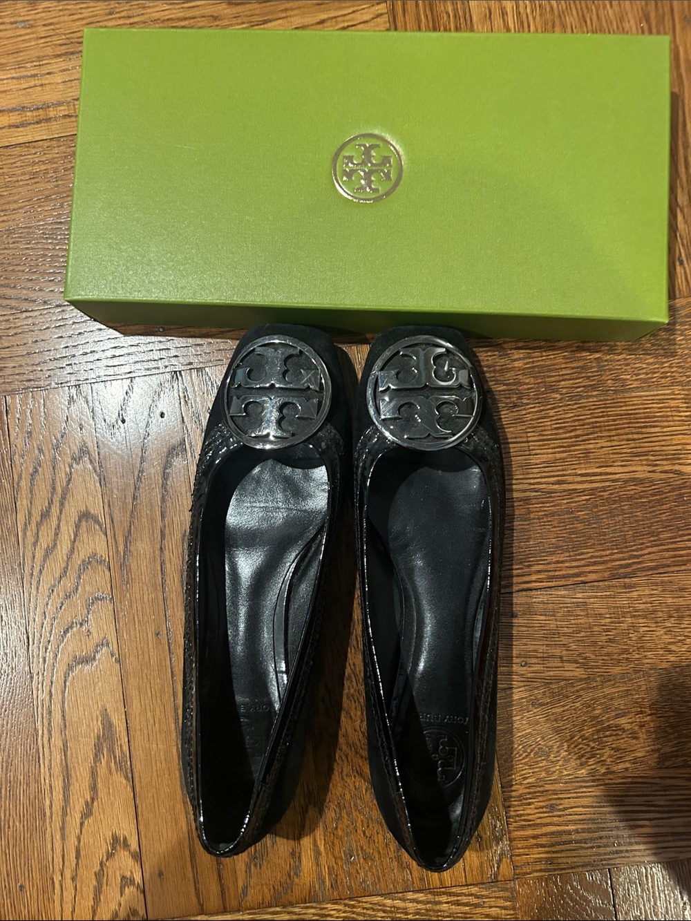 Tory Burch Black Patent/Suede Logo Flats